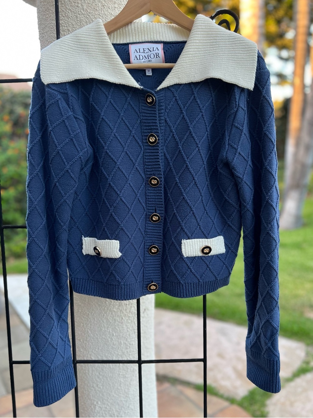 Alexia Admor Navy Cardigan with White Collar and Pocket Trim